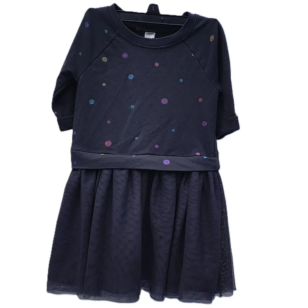 Old Navy Girl's Dress Dark Grey/Gray with Multicolor Iridescent Polka Dots 5T/5A